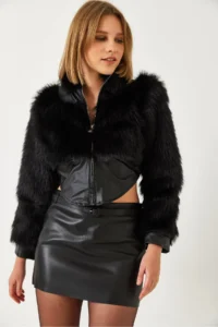 Bianco Lucci Women's Leather Garni Detailed Crop Faux Fur Jacket 2622 - Image 3
