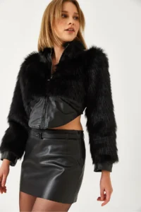 Bianco Lucci Women's Leather Garni Detailed Crop Faux Fur Jacket 2622 - Image 4