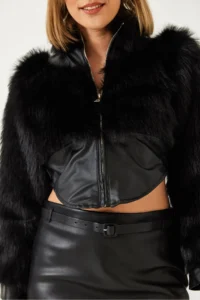 Bianco Lucci Women's Leather Garni Detailed Crop Faux Fur Jacket 2622 - Image 5