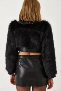 Bianco Lucci Women's Leather Garni Detailed Crop Faux Fur Jacket 2622 - Image 6