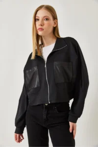 Bianco Lucci Women's Leather Pocket Detailed Diving Fabric Stand Up Collar Jacket MBMS044 - Image 2