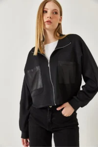 Bianco Lucci Women's Leather Pocket Detailed Diving Fabric Stand Up Collar Jacket MBMS044 - Image 3