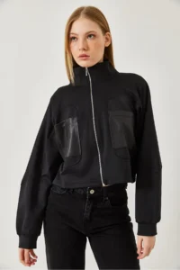 Bianco Lucci Women's Leather Pocket Detailed Diving Fabric Stand Up Collar Jacket MBMS044 - Image 4