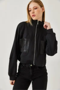 Bianco Lucci Women's Leather Pocket Detailed Diving Fabric Stand Up Collar Jacket MBMS044 - Image 5