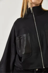 Bianco Lucci Women's Leather Pocket Detailed Diving Fabric Stand Up Collar Jacket MBMS044 - Image 6