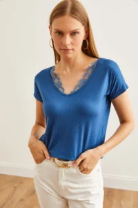 Olalook Women's Indigo Collar Lace Loose Viscose Blouse - Image 3