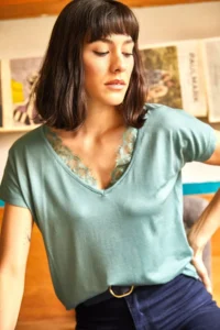 Olalook Women's Mint Green Collar Lace Casual Viscose Blouse - Image 2