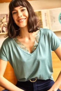 Olalook Women's Mint Green Collar Lace Casual Viscose Blouse - Image 3