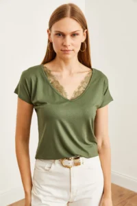 Olalook Women's Khaki Collar Lace Casual Viscose Blouse - Image 3