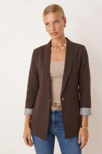 armonika Women Brown Sleeve Striped Single buttoned Jacket - Image 2