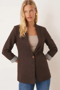 armonika Women Brown Sleeve Striped Single buttoned Jacket - Image 3
