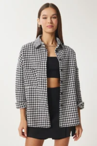 Happiness İstanbul Women's White Black Houndstooth Pattern Oversize Wool Stitch Shirt Jacket