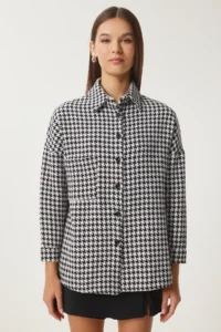 Happiness İstanbul Women's White Black Houndstooth Pattern Oversize Wool Stitch Shirt Jacket - Image 2