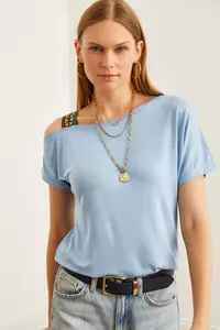 Olalook Women's Baby Blue One Shoulder Ethnic Garnished Blouse