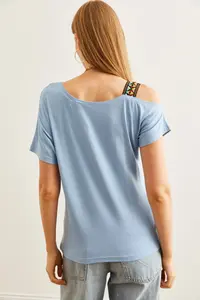Olalook Women's Baby Blue One Shoulder Ethnic Garnished Blouse - Image 2