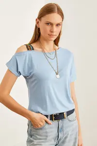 Olalook Women's Baby Blue One Shoulder Ethnic Garnished Blouse - Image 3