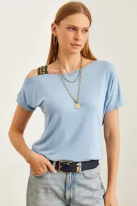 Olalook Women's Baby Blue One Shoulder Ethnic Garnished Blouse - Image 4