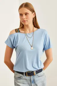 Olalook Women's Baby Blue One Shoulder Ethnic Garnished Blouse - Image 5