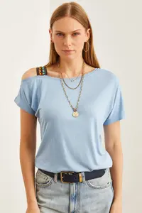 Olalook Women's Baby Blue One Shoulder Ethnic Garnished Blouse - Image 6