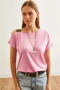 Olalook Women's Candy Pink One Shoulder Ethnic Garnished Blouse - Image 3