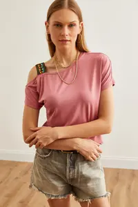 Olalook Women's Dusty Rose One Shoulder Ethnic Garnished Blouse - Image 4