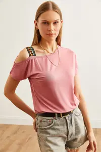 Olalook Women's Dusty Rose One Shoulder Ethnic Garnished Blouse - Image 5