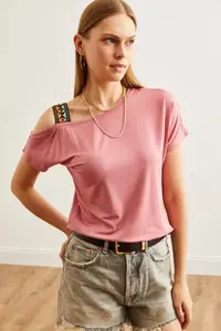 Olalook Women's Dusty Rose One Shoulder Ethnic Garnished Blouse - Image 6