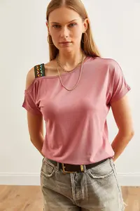 Olalook Women's Dusty Rose One Shoulder Ethnic Garnished Blouse - Image 7