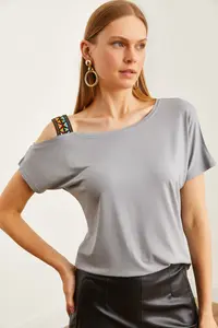 Olalook Women Gray One Shoulder Ethnic Garnili Blouse