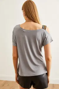 Olalook Women Gray One Shoulder Ethnic Garnili Blouse - Image 2