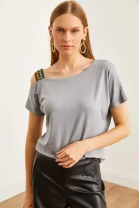 Olalook Women Gray One Shoulder Ethnic Garnili Blouse - Image 3