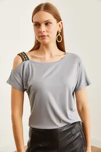 Olalook Women Gray One Shoulder Ethnic Garnili Blouse - Image 4