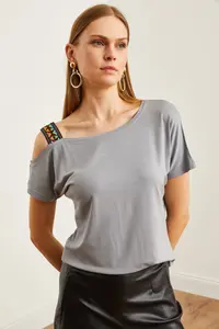Olalook Women Gray One Shoulder Ethnic Garnili Blouse - Image 6