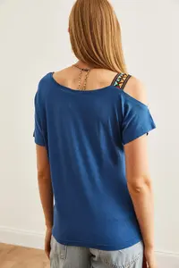 Olalook Women's Indigo One Shoulder Ethnic Garnished Blouse - Image 2