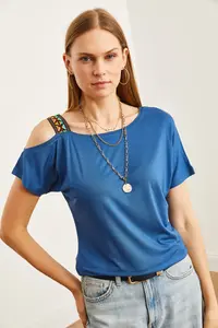 Olalook Women's Indigo One Shoulder Ethnic Garnished Blouse - Image 3