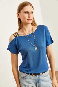 Olalook Women's Indigo One Shoulder Ethnic Garnished Blouse - Image 4