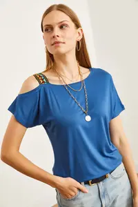 Olalook Women's Indigo One Shoulder Ethnic Garnished Blouse - Image 5