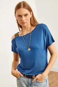 Olalook Women's Indigo One Shoulder Ethnic Garnished Blouse - Image 6
