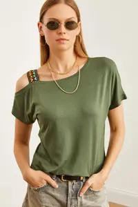 Olalook Women's Khaki One Shoulder Ethnic Garnished Blouse