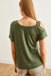 Olalook Women's Khaki One Shoulder Ethnic Garnished Blouse - Image 2