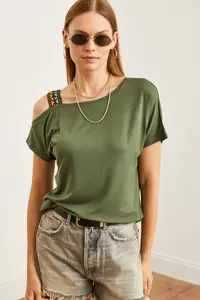 Olalook Women's Khaki One Shoulder Ethnic Garnished Blouse - Image 3