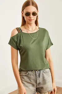 Olalook Women's Khaki One Shoulder Ethnic Garnished Blouse - Image 4