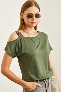 Olalook Women's Khaki One Shoulder Ethnic Garnished Blouse - Image 5