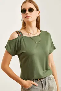 Olalook Women's Khaki One Shoulder Ethnic Garnished Blouse - Image 6