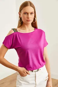 Olalook Women's Plum One Shoulder Ethnic Garnished Blouse - Image 2