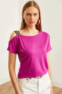 Olalook Women's Plum One Shoulder Ethnic Garnished Blouse - Image 3