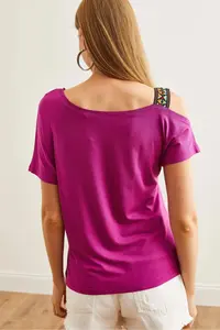 Olalook Women's Plum One Shoulder Ethnic Garnished Blouse - Image 4