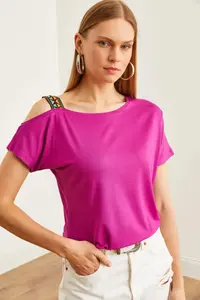 Olalook Women's Plum One Shoulder Ethnic Garnished Blouse - Image 5