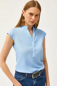 Olalook Women's Baby Blue V-Neck 4 Button Viscose Blouse