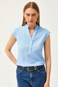 Olalook Women's Baby Blue V-Neck 4 Button Viscose Blouse - Image 3